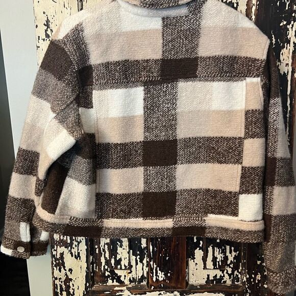 HOUSE OF HARLOW 1960 wool blend teddy fleece cropped flannel shirt jacket Large - Picture 3 of 7